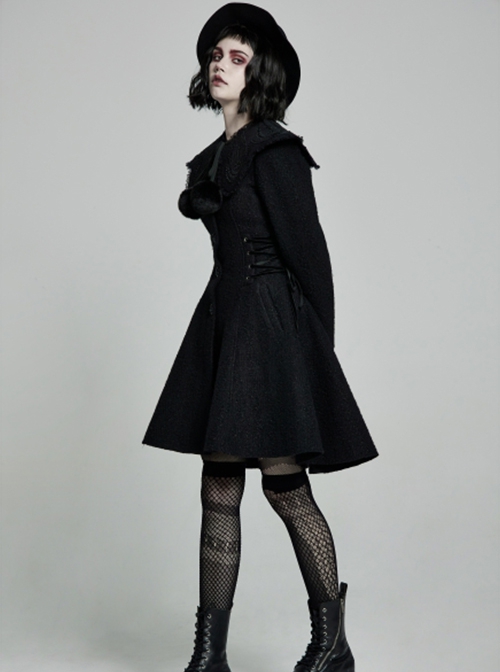Gothic Style Cute Fur Ball Embroidered Lace Shawl Exquisite Rose Button Retro Black Long Sleeves Wool Coat