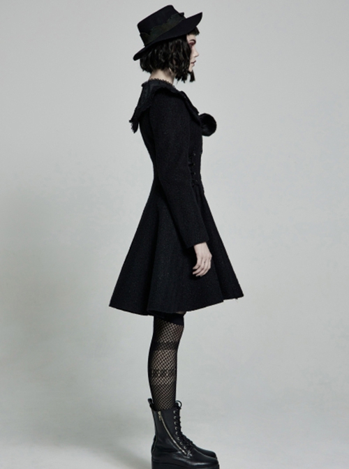 Gothic Style Cute Fur Ball Embroidered Lace Shawl Exquisite Rose Button Retro Black Long Sleeves Wool Coat