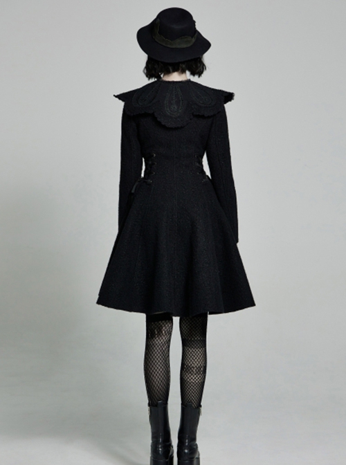 Gothic Style Cute Fur Ball Embroidered Lace Shawl Exquisite Rose Button Retro Black Long Sleeves Wool Coat