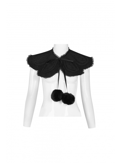 Gothic Style Cute Fur Ball Embroidered Lace Shawl Exquisite Rose Button Retro Black Long Sleeves Wool Coat