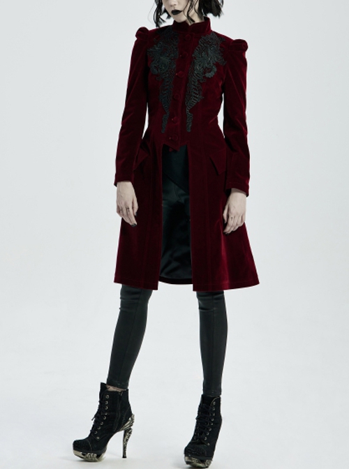 Gothic Style Elegant Stand Collar Luxury Velvet Exquisite Embroidery Vintage Red Long Sleeves Slim Coat