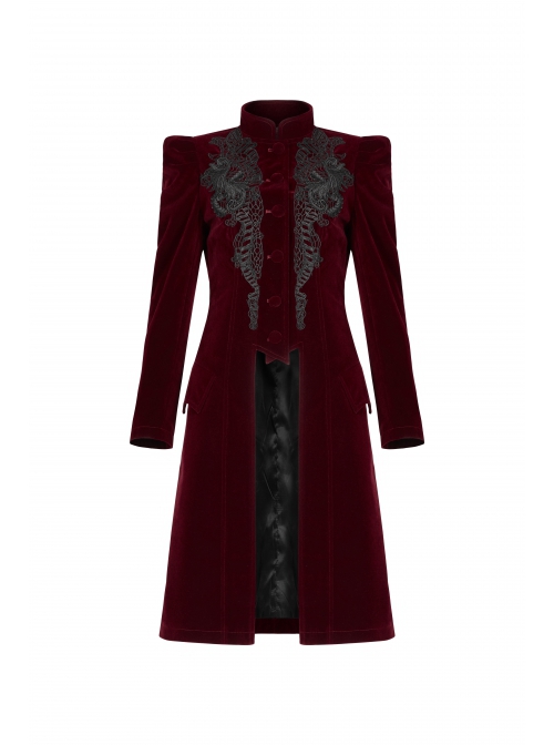 Gothic Style Elegant Stand Collar Luxury Velvet Exquisite Embroidery Vintage Red Long Sleeves Slim Coat