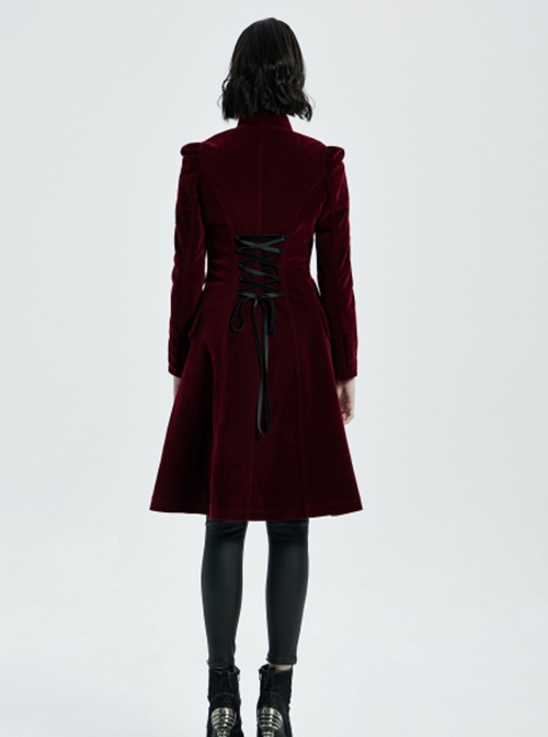 Gothic Style Elegant Stand Collar Luxury Velvet Exquisite Embroidery Vintage Red Long Sleeves Slim Coat