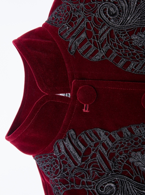 Gothic Style Elegant Stand Collar Luxury Velvet Exquisite Embroidery Vintage Red Long Sleeves Slim Coat