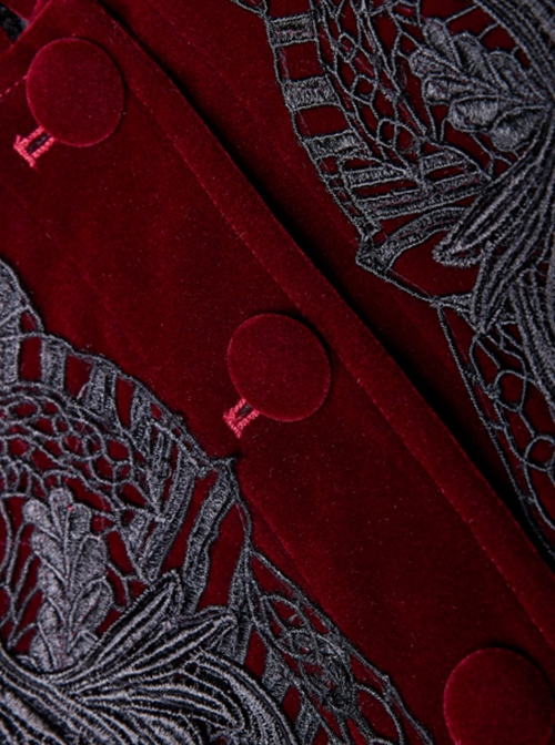Gothic Style Elegant Stand Collar Luxury Velvet Exquisite Embroidery Vintage Red Long Sleeves Slim Coat