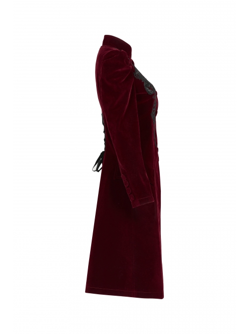 Gothic Style Elegant Stand Collar Luxury Velvet Exquisite Embroidery Vintage Red Long Sleeves Slim Coat
