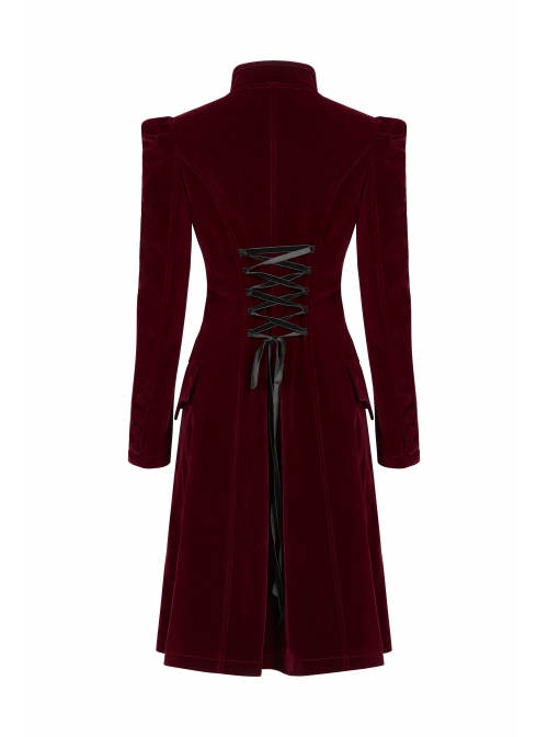 Gothic Style Elegant Stand Collar Luxury Velvet Exquisite Embroidery Vintage Red Long Sleeves Slim Coat