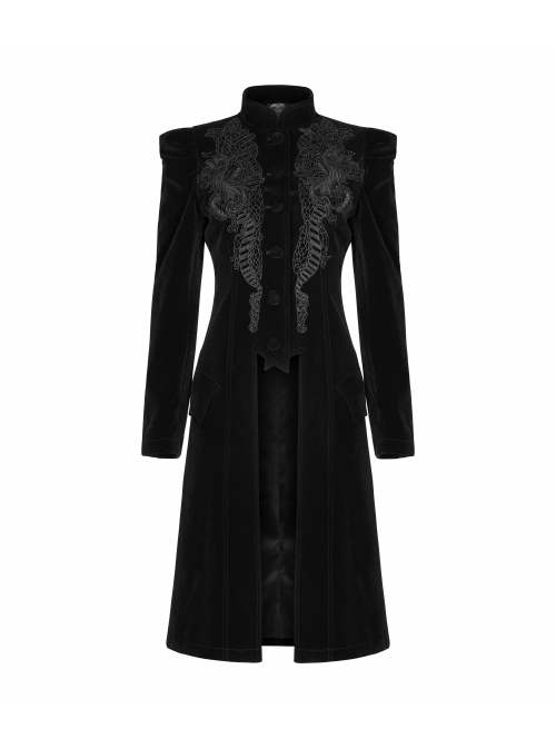 Gothic Style Exquisite Embroidery Applique Premium Velvet Vintage Palace Black Long Sleeves Slim Coat