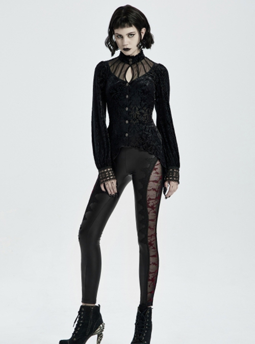 Gothic Style Burnt Flocking Knit Fabric Retro Gemstone Buttons Sexy Mesh Splicing Black Long Sleeves Blouse