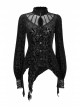 Gothic Style Burnt Flocking Knit Fabric Retro Gemstone Buttons Sexy Mesh Splicing Black Long Sleeves Blouse