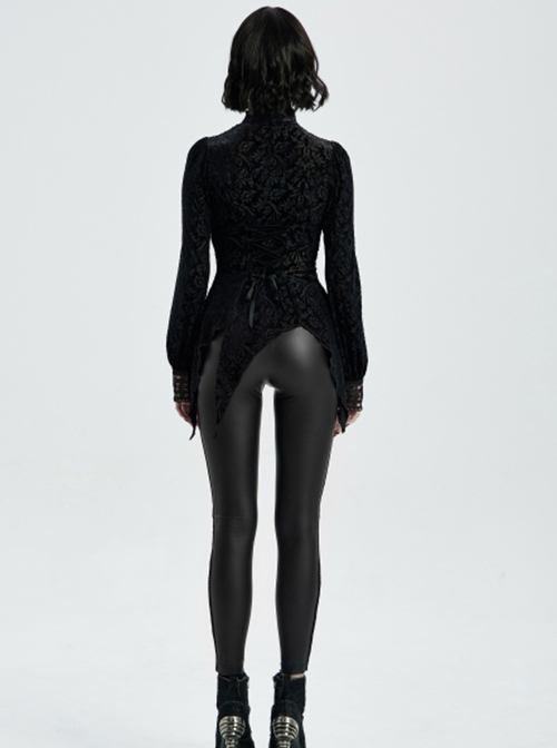 Gothic Style Burnt Flocking Knit Fabric Retro Gemstone Buttons Sexy Mesh Splicing Black Long Sleeves Blouse