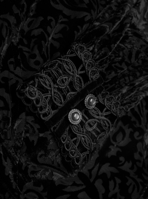 Gothic Style Burnt Flocking Knit Fabric Retro Gemstone Buttons Sexy Mesh Splicing Black Long Sleeves Blouse