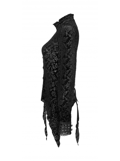 Gothic Style Burnt Flocking Knit Fabric Retro Gemstone Buttons Sexy Mesh Splicing Black Long Sleeves Blouse