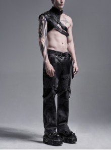Punk Style High Collar Unique Cracked PU Leather Shoulder Cool Metal Spike Rivet Black Male Armor Accessory