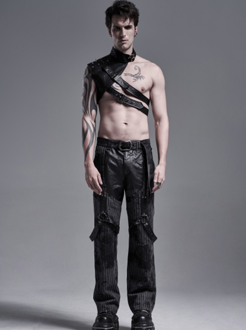 Punk Style High Collar Unique Cracked PU Leather Shoulder Cool Metal Spike Rivet Black Male Armor Accessory