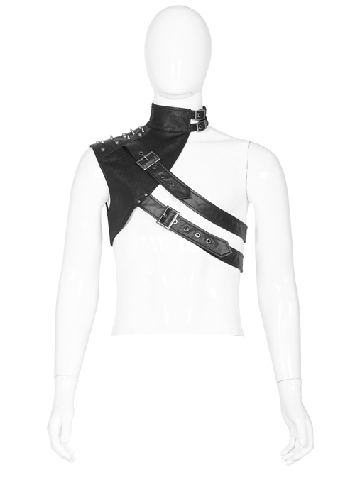 Punk Style High Collar Unique Cracked PU Leather Shoulder Cool Metal Spike Rivet Black Male Armor Accessory