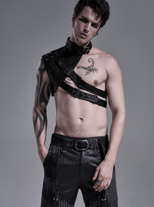 Punk Style High Collar Unique Cracked PU Leather Shoulder Cool Metal Spike Rivet Black Male Armor Accessory