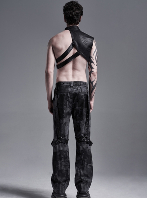 Punk Style High Collar Unique Cracked PU Leather Shoulder Cool Metal Spike Rivet Black Male Armor Accessory
