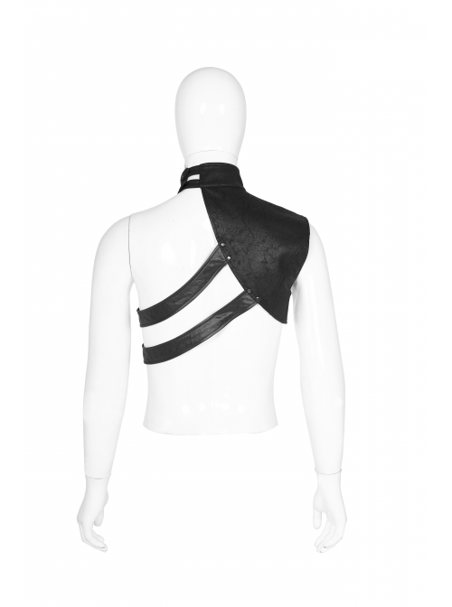Punk Style High Collar Unique Cracked PU Leather Shoulder Cool Metal Spike Rivet Black Male Armor Accessory