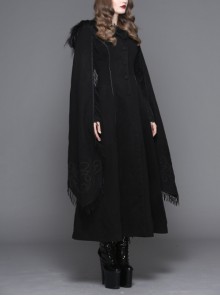 Gothic Style Elegant Hand Embroidered Cape Cuffs Slit Lace Detachable Fur Top Black Double Sided Hooded Coat