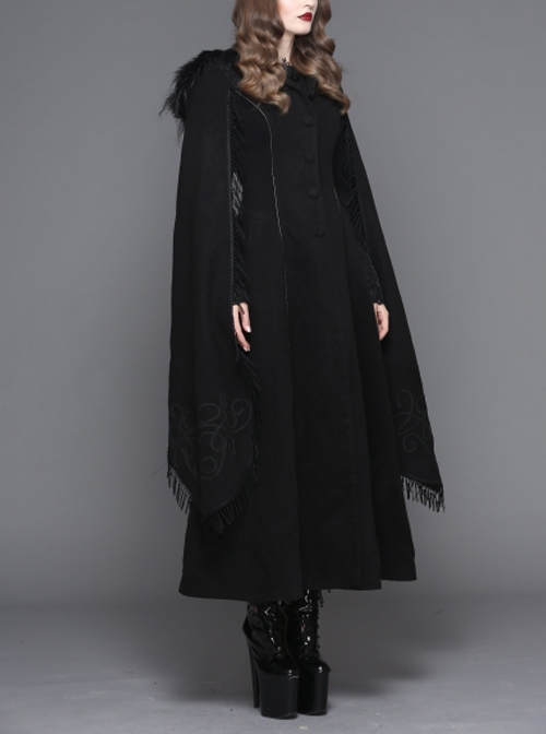 Gothic Style Elegant Hand Embroidered Cape Cuffs Slit Lace Detachable Fur Top Black Double Sided Hooded Coat