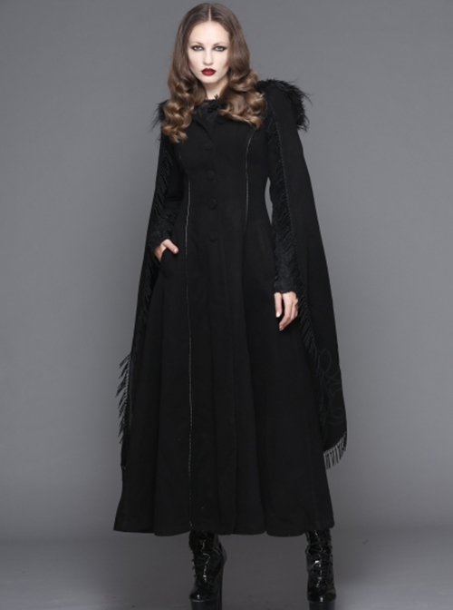Gothic Style Elegant Hand Embroidered Cape Cuffs Slit Lace Detachable Fur Top Black Double Sided Hooded Coat
