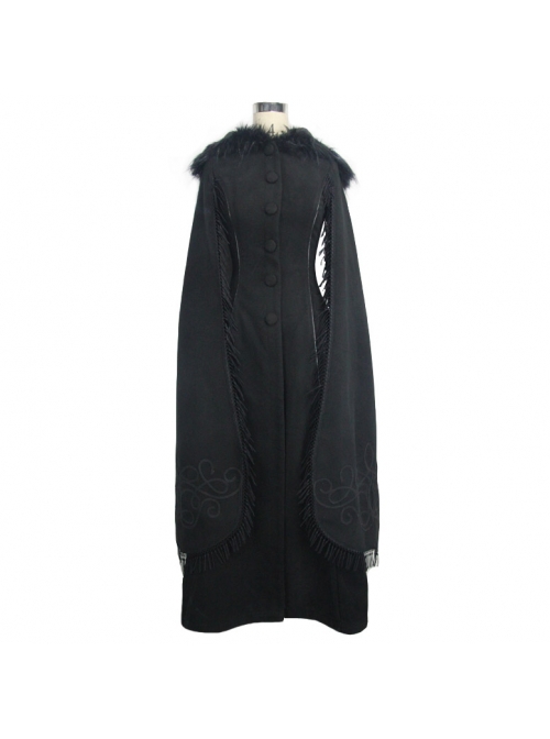 Gothic Style Elegant Hand Embroidered Cape Cuffs Slit Lace Detachable Fur Top Black Double Sided Hooded Coat