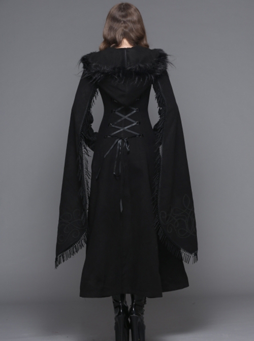 Gothic Style Elegant Hand Embroidered Cape Cuffs Slit Lace Detachable Fur Top Black Double Sided Hooded Coat