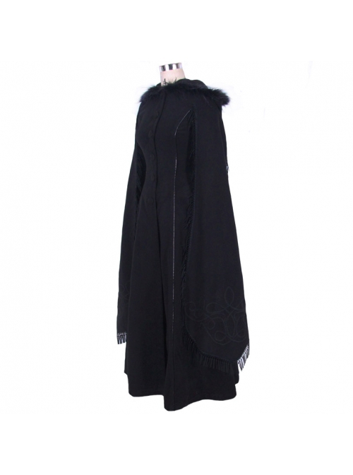 Gothic Style Elegant Hand Embroidered Cape Cuffs Slit Lace Detachable Fur Top Black Double Sided Hooded Coat