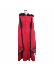 Gothic Style Elegant Hand Embroidered Cape Cuffs Slit Lace Detachable Fur Top Red Double Sided Hooded Coat