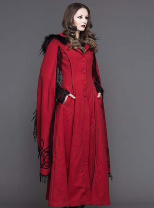 Gothic Style Elegant Hand Embroidered Cape Cuffs Slit Lace Detachable Fur Top Red Double Sided Hooded Coat