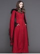 Gothic Style Elegant Hand Embroidered Cape Cuffs Slit Lace Detachable Fur Top Red Double Sided Hooded Coat
