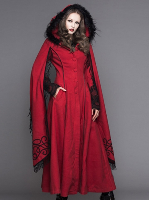 Gothic Style Elegant Hand Embroidered Cape Cuffs Slit Lace Detachable Fur Top Red Double Sided Hooded Coat