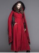 Gothic Style Elegant Hand Embroidered Cape Cuffs Slit Lace Detachable Fur Top Red Double Sided Hooded Coat