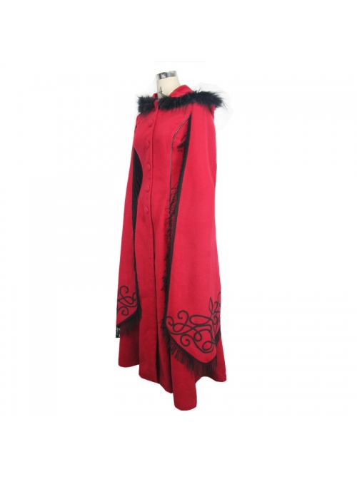Gothic Style Elegant Hand Embroidered Cape Cuffs Slit Lace Detachable Fur Top Red Double Sided Hooded Coat