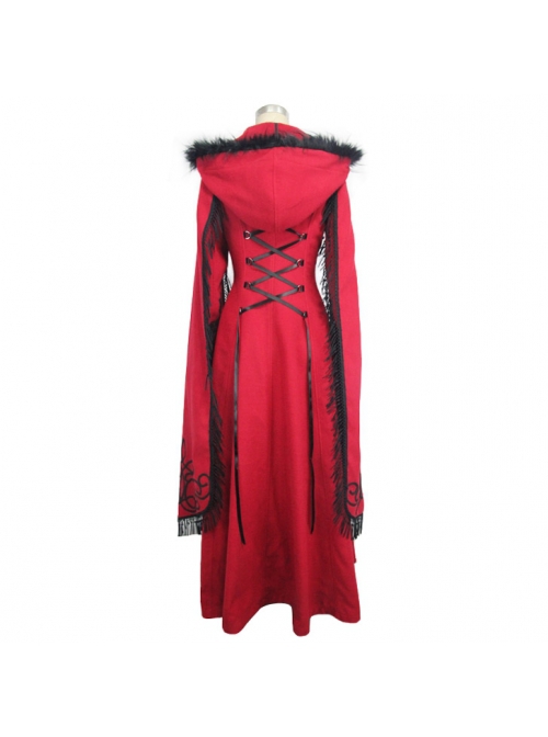 Gothic Style Elegant Hand Embroidered Cape Cuffs Slit Lace Detachable Fur Top Red Double Sided Hooded Coat