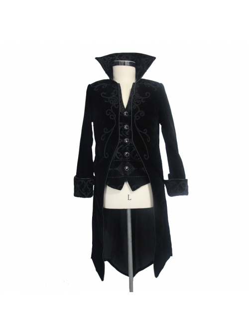 Gothic Style Warm Velvet Chest Exquisite Hand Embroidery With Glass Pattern Buttons Black Fake Two Piece Men's Jacket