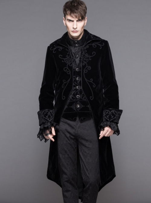 Gothic Style Warm Velvet Chest Exquisite Hand Embroidery With Glass Pattern Buttons Black Fake Two Piece Men's Jacket