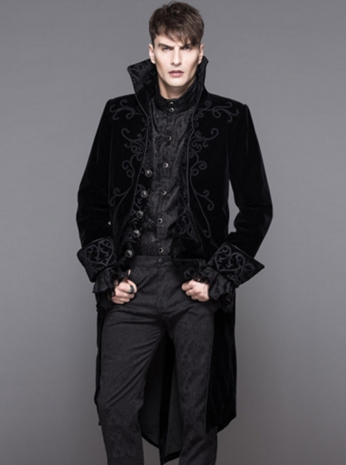 Gothic Style Warm Velvet Chest Exquisite Hand Embroidery With Glass Pattern Buttons Black Fake Two Piece Men's Jacket
