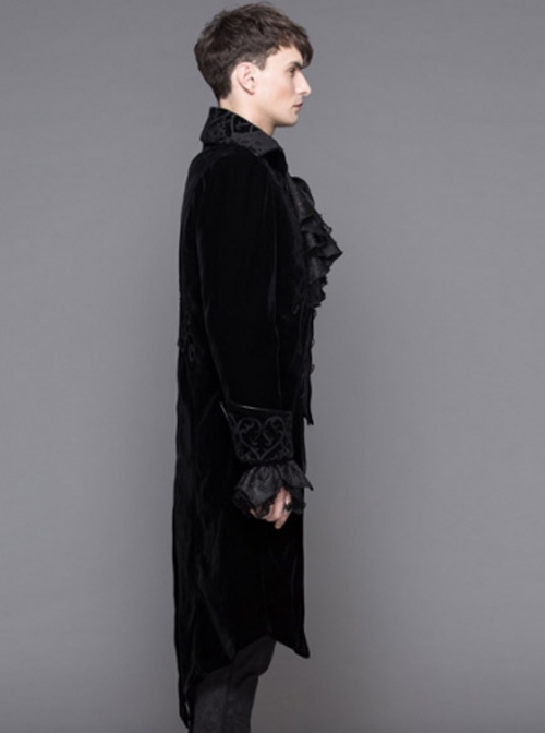 Gothic Style Warm Velvet Chest Exquisite Hand Embroidery With Glass Pattern Buttons Black Fake Two Piece Men's Jacket