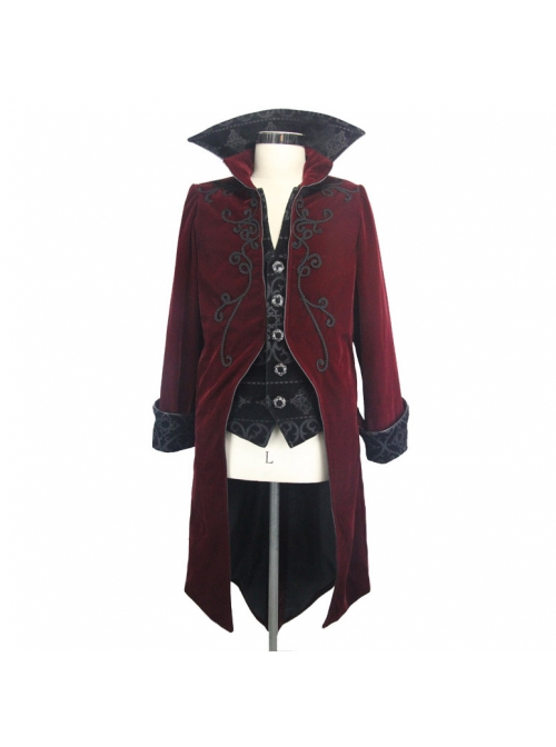Gothic Style Warm Velvet Chest Exquisite Hand Embroidery With Glass Pattern Buttons Red And Black Fake Two Piece Men's Jacket