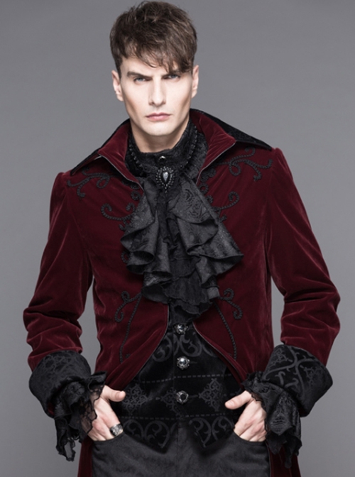 Gothic Style Warm Velvet Chest Exquisite Hand Embroidery With Glass Pattern Buttons Red And Black Fake Two Piece Men's Jacket