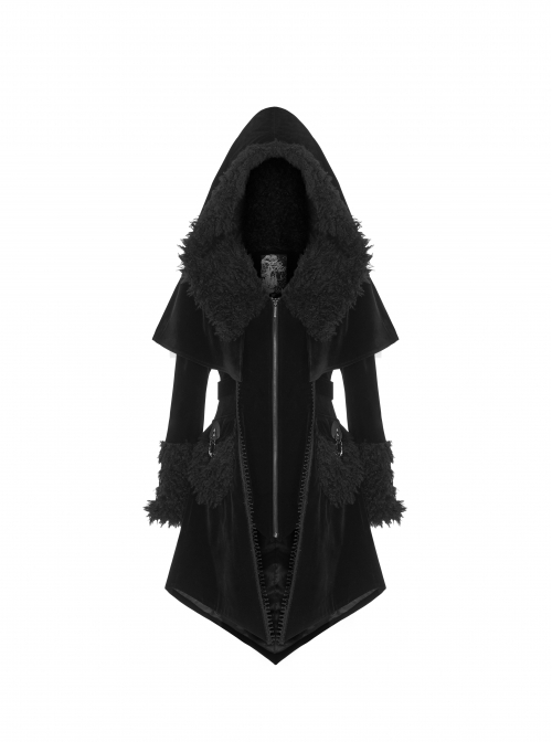 Gothic Style Gorgeous Velvet Plush Splicing Exquisite Gun Color Buckle Black Long Sleeves Hooded Slim Coat
