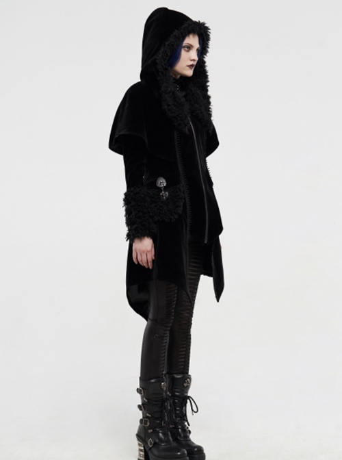 Gothic Style Gorgeous Velvet Plush Splicing Exquisite Gun Color Buckle Black Long Sleeves Hooded Slim Coat