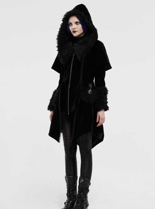 Gothic Style Gorgeous Velvet Plush Splicing Exquisite Gun Color Buckle Black Long Sleeves Hooded Slim Coat