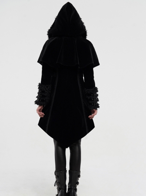 Gothic Style Gorgeous Velvet Plush Splicing Exquisite Gun Color Buckle Black Long Sleeves Hooded Slim Coat