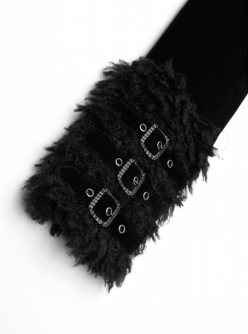 Gothic Style Gorgeous Velvet Plush Splicing Exquisite Gun Color Buckle Black Long Sleeves Hooded Slim Coat