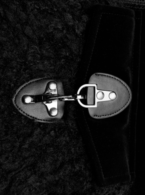 Gothic Style Gorgeous Velvet Plush Splicing Exquisite Gun Color Buckle Black Long Sleeves Hooded Slim Coat