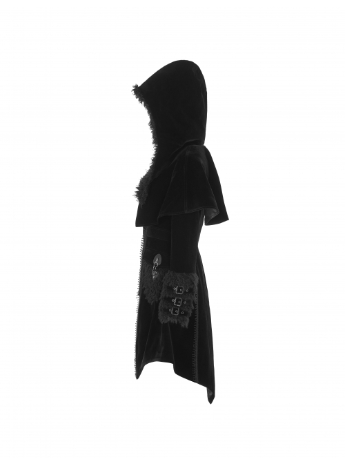 Gothic Style Gorgeous Velvet Plush Splicing Exquisite Gun Color Buckle Black Long Sleeves Hooded Slim Coat