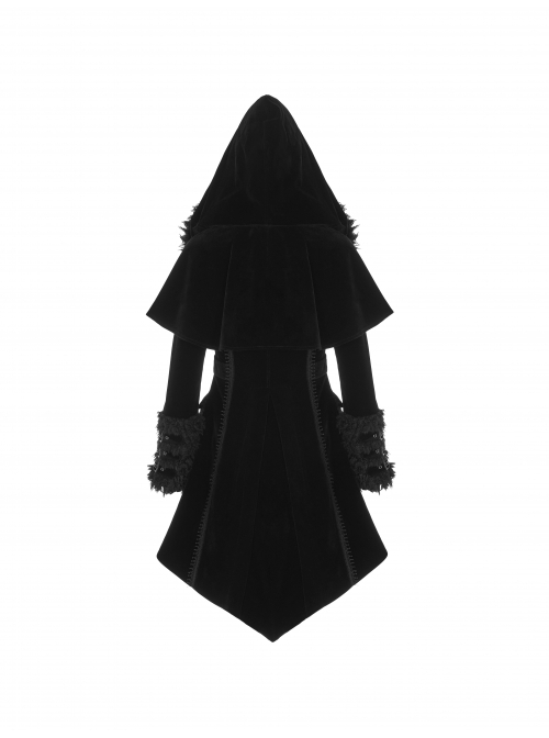 Gothic Style Gorgeous Velvet Plush Splicing Exquisite Gun Color Buckle Black Long Sleeves Hooded Slim Coat
